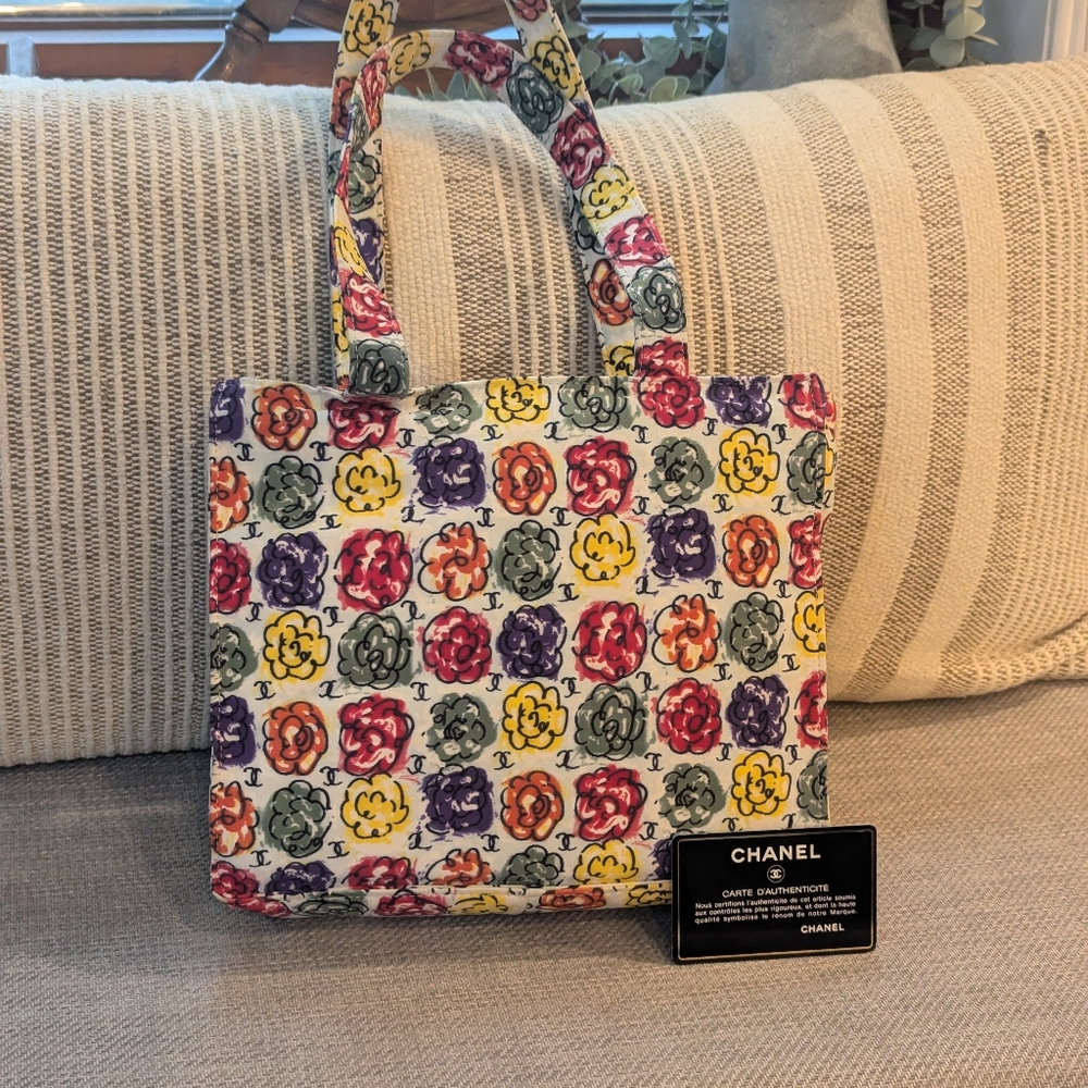 Chanel Camellia CC Classic Multicolor Floral Cotton Canvas Vintage Tote Bag